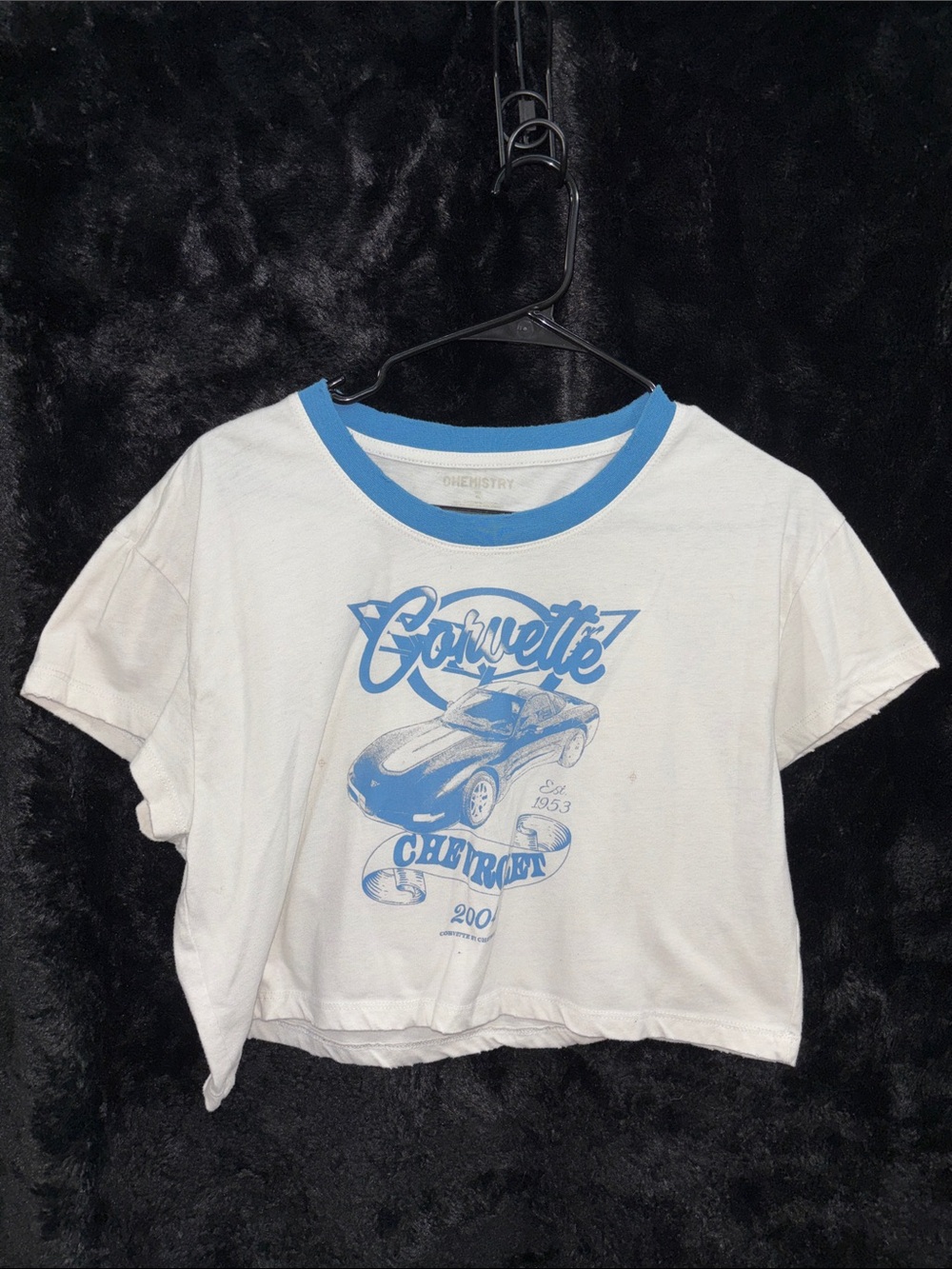 Y2K White Baggy Crop-Top with Blue Corvette Graphic